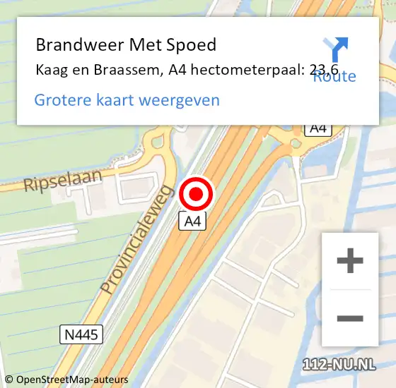 Locatie op kaart van de 112 melding: Brandweer Met Spoed Naar Kaag en Braassem, A4 hectometerpaal: 23,6 op 2 juli 2023 01:36