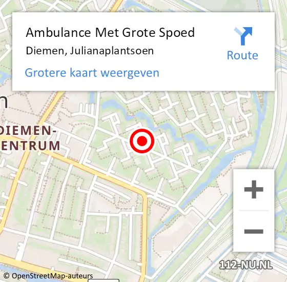 Locatie op kaart van de 112 melding: Ambulance Met Grote Spoed Naar Diemen, Julianaplantsoen op 2 juli 2023 20:53