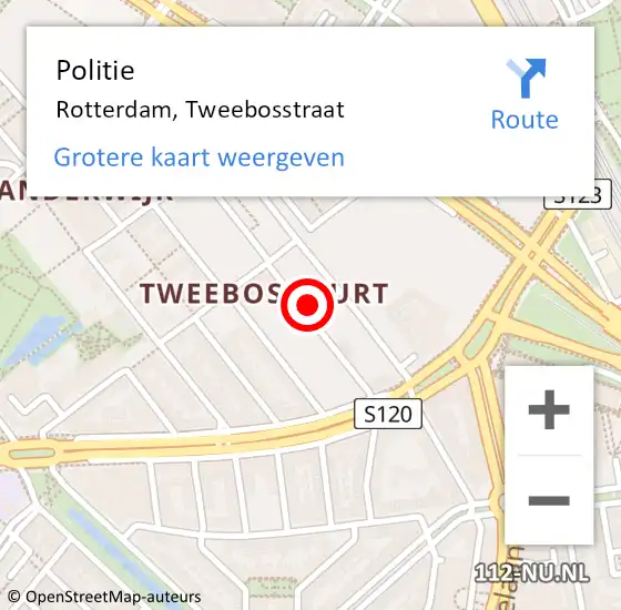Locatie op kaart van de 112 melding: Politie Rotterdam, Tweebosstraat op 2 juli 2023 21:20