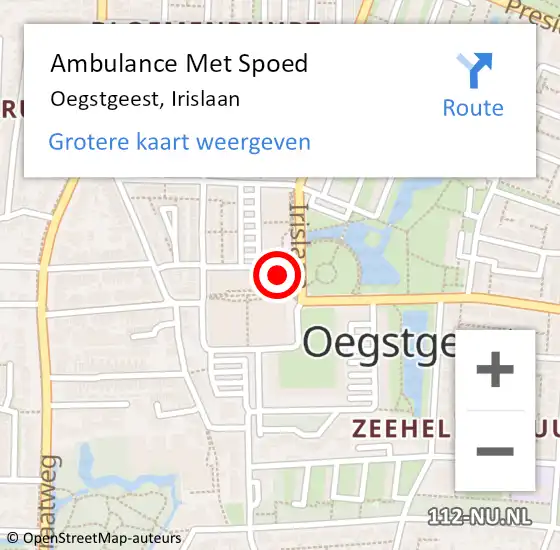 Locatie op kaart van de 112 melding: Ambulance Met Spoed Naar Oegstgeest, Irislaan op 3 juli 2023 19:05