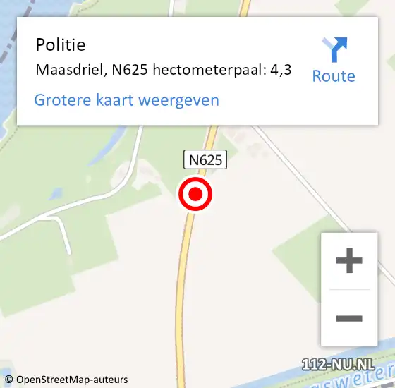 Locatie op kaart van de 112 melding: Politie Maasdriel, N625 hectometerpaal: 4,3 op 3 juli 2023 21:31