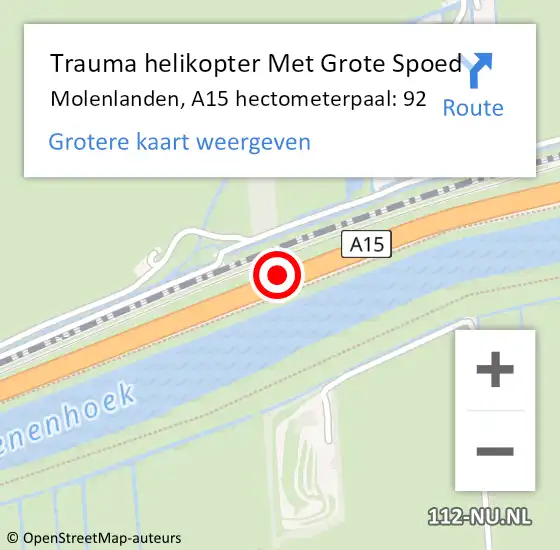 Locatie op kaart van de 112 melding: Trauma helikopter Met Grote Spoed Naar Molenlanden, A15 hectometerpaal: 92 op 4 juli 2023 06:29