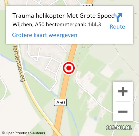 Locatie op kaart van de 112 melding: Trauma helikopter Met Grote Spoed Naar Wijchen, A50 hectometerpaal: 144,3 op 4 juli 2023 07:51