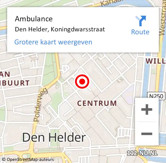 Locatie op kaart van de 112 melding: Ambulance Den Helder, Koningdwarsstraat op 4 juli 2023 12:48