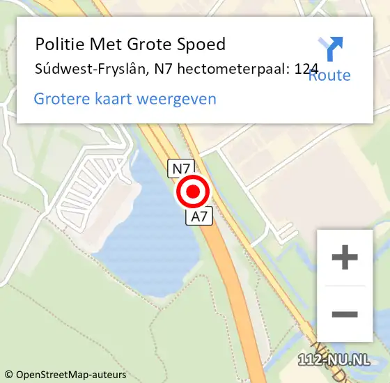 Locatie op kaart van de 112 melding: Politie Met Grote Spoed Naar Súdwest-Fryslân, N7 hectometerpaal: 124 op 4 juli 2023 15:04