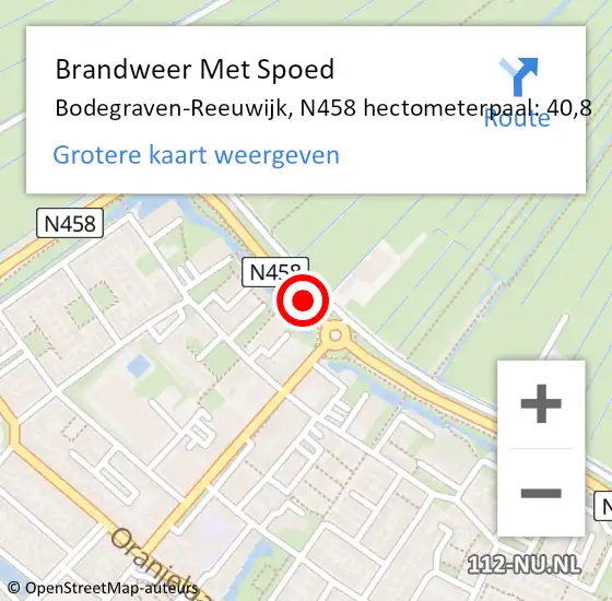 Locatie op kaart van de 112 melding: Brandweer Met Spoed Naar Bodegraven-Reeuwijk, N458 hectometerpaal: 40,8 op 5 juli 2023 10:45
