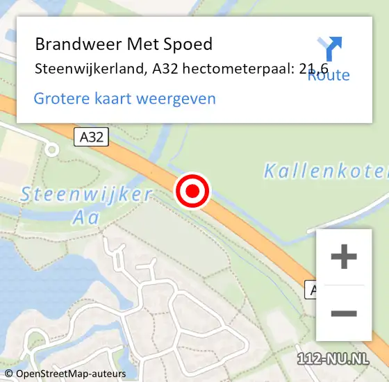 Locatie op kaart van de 112 melding: Brandweer Met Spoed Naar Steenwijkerland, A32 hectometerpaal: 21,6 op 5 juli 2023 10:59
