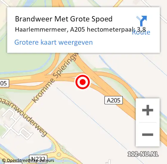 Locatie op kaart van de 112 melding: Brandweer Met Grote Spoed Naar Haarlemmermeer, A205 hectometerpaal: 3,8 op 5 juli 2023 11:42