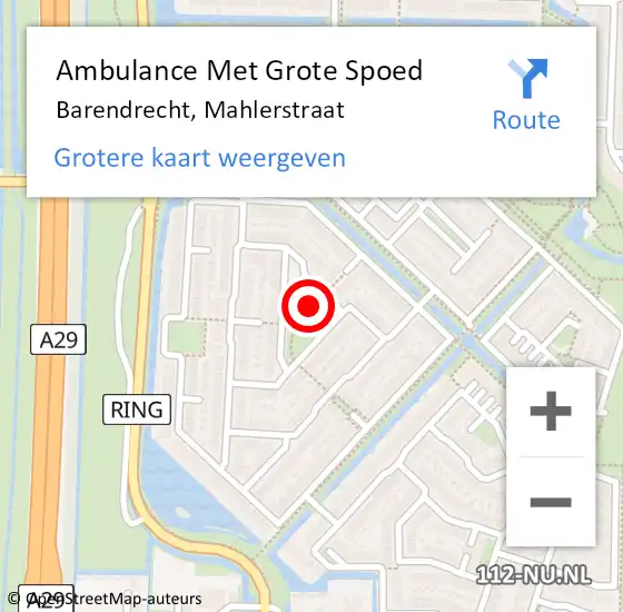 Locatie op kaart van de 112 melding: Ambulance Met Grote Spoed Naar Barendrecht, Mahlerstraat op 5 juli 2023 11:47