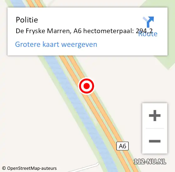 Locatie op kaart van de 112 melding: Politie De Fryske Marren, A6 hectometerpaal: 294,2 op 5 juli 2023 13:28