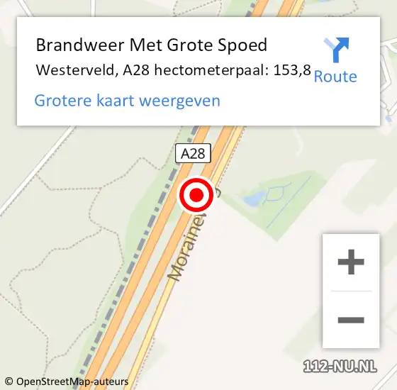Locatie op kaart van de 112 melding: Brandweer Met Grote Spoed Naar Westerveld, A28 hectometerpaal: 153,8 op 5 juli 2023 14:05