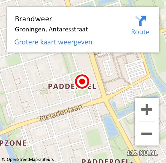 Locatie op kaart van de 112 melding: Brandweer Groningen, Antaresstraat op 5 juli 2023 16:51