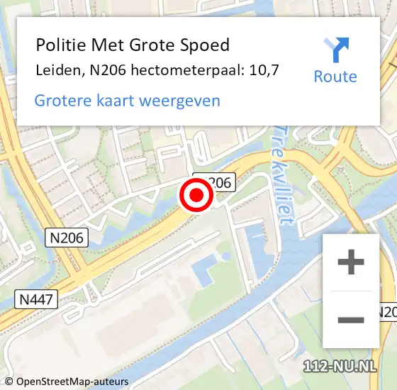 Locatie op kaart van de 112 melding: Politie Met Grote Spoed Naar Leiden, N206 hectometerpaal: 10,7 op 5 juli 2023 17:16