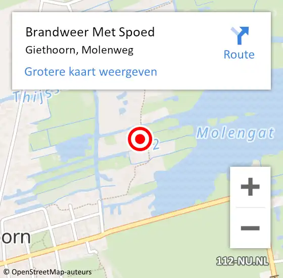 Locatie op kaart van de 112 melding: Brandweer Met Spoed Naar Giethoorn, Molenweg op 6 juli 2023 10:51