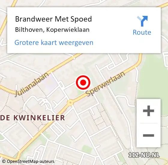Locatie op kaart van de 112 melding: Brandweer Met Spoed Naar Bilthoven, Koperwieklaan op 6 juli 2023 10:57