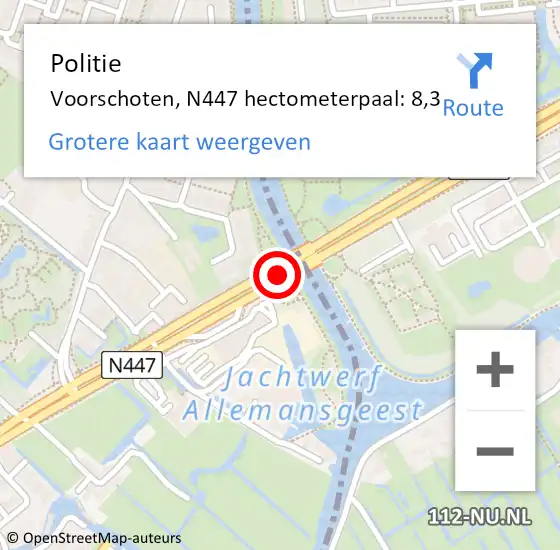 Locatie op kaart van de 112 melding: Politie Voorschoten, N447 hectometerpaal: 8,3 op 6 juli 2023 11:09