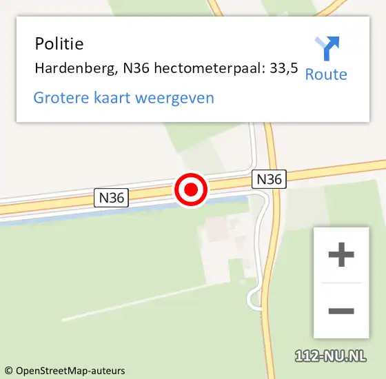 Locatie op kaart van de 112 melding: Politie Hardenberg, N36 hectometerpaal: 33,5 op 6 juli 2023 16:27