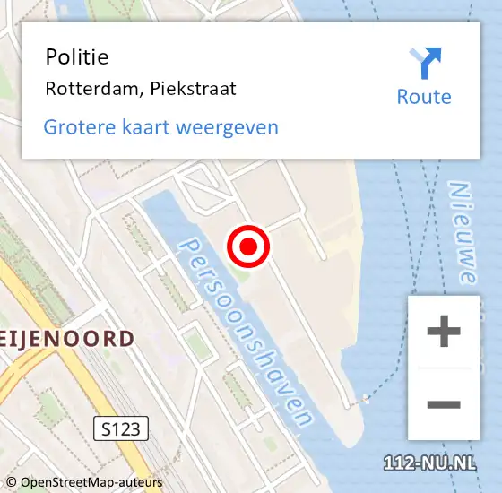 Locatie op kaart van de 112 melding: Politie Rotterdam, Piekstraat op 6 juli 2023 22:33