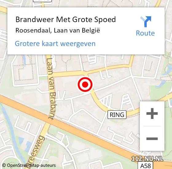 Locatie op kaart van de 112 melding: Brandweer Met Grote Spoed Naar Roosendaal, Laan van België op 6 juli 2023 23:00