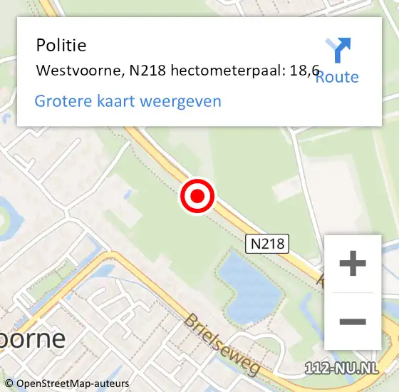 Locatie op kaart van de 112 melding: Politie Westvoorne, N218 hectometerpaal: 18,6 op 6 juli 2023 23:44