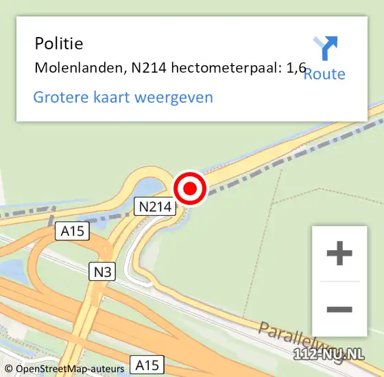 Locatie op kaart van de 112 melding: Politie Molenlanden, N214 hectometerpaal: 1,6 op 7 juli 2023 10:55