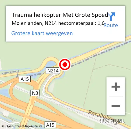 Locatie op kaart van de 112 melding: Trauma helikopter Met Grote Spoed Naar Molenlanden, N214 hectometerpaal: 1,6 op 7 juli 2023 10:58