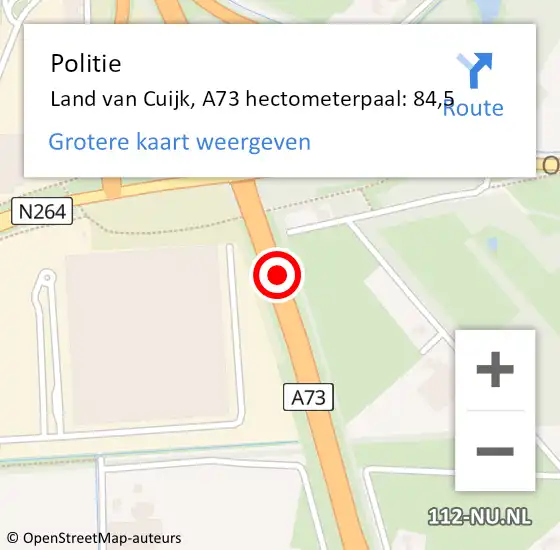Locatie op kaart van de 112 melding: Politie Land van Cuijk, A73 hectometerpaal: 84,5 op 7 juli 2023 16:25