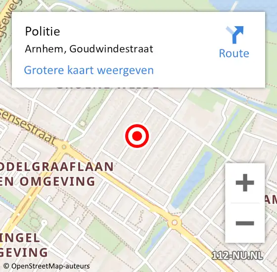 Locatie op kaart van de 112 melding: Politie Arnhem, Goudwindestraat op 7 juli 2023 22:27