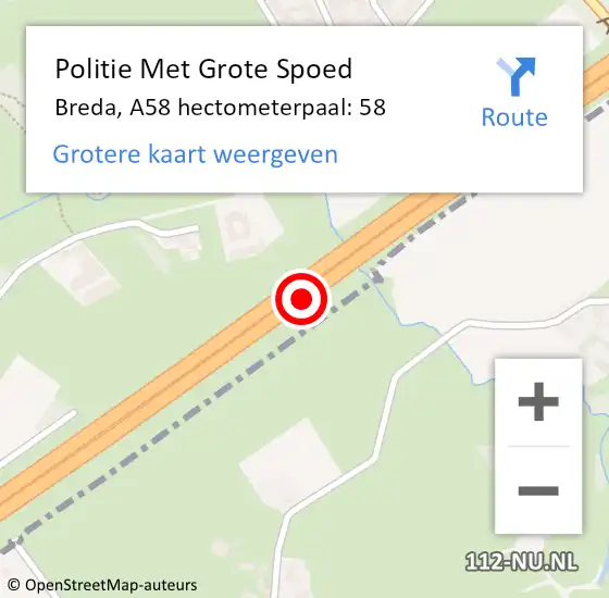 Locatie op kaart van de 112 melding: Politie Met Grote Spoed Naar Breda, A58 hectometerpaal: 58 op 8 juli 2023 00:26