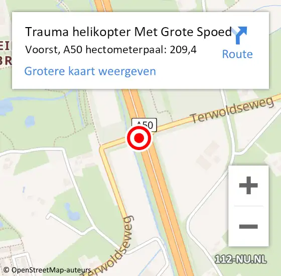 Locatie op kaart van de 112 melding: Trauma helikopter Met Grote Spoed Naar Voorst, A50 hectometerpaal: 209,4 op 8 juli 2023 01:14
