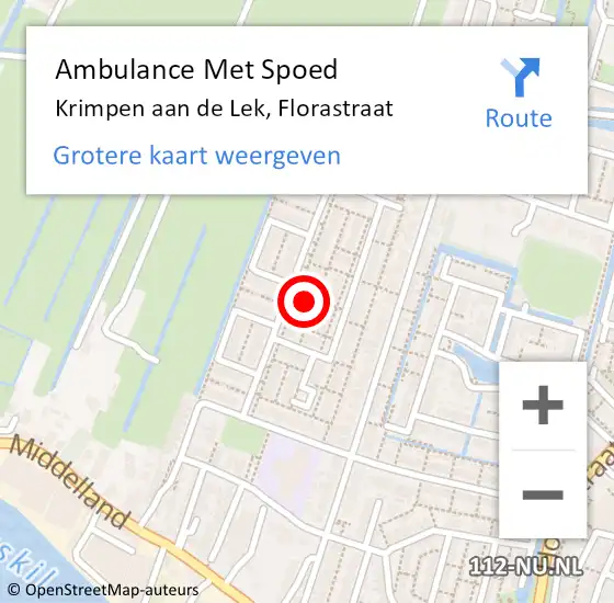 Locatie op kaart van de 112 melding: Ambulance Met Spoed Naar Krimpen aan de Lek, Florastraat op 8 juli 2023 06:13