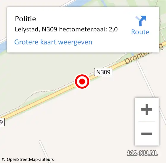 Locatie op kaart van de 112 melding: Politie Lelystad, N309 hectometerpaal: 2,0 op 1 september 2014 00:28