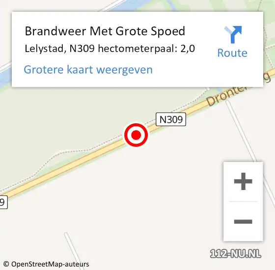Locatie op kaart van de 112 melding: Brandweer Met Grote Spoed Naar Lelystad, N309 hectometerpaal: 2,0 op 1 september 2014 00:38