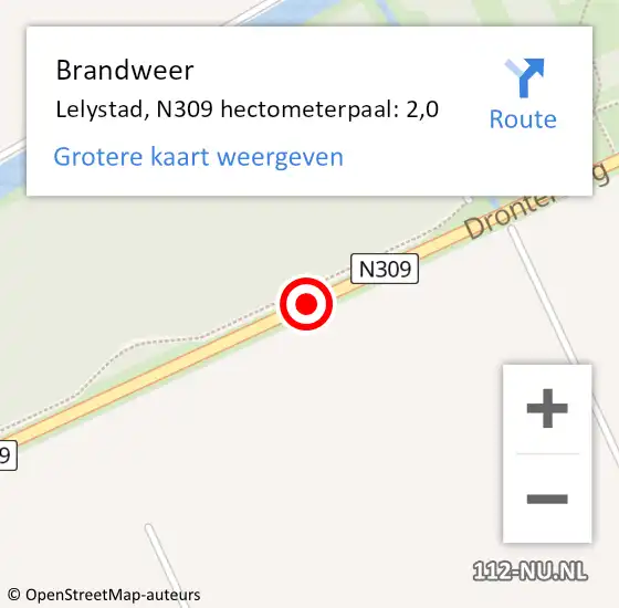 Locatie op kaart van de 112 melding: Brandweer Lelystad, N309 hectometerpaal: 2,0 op 1 september 2014 00:51