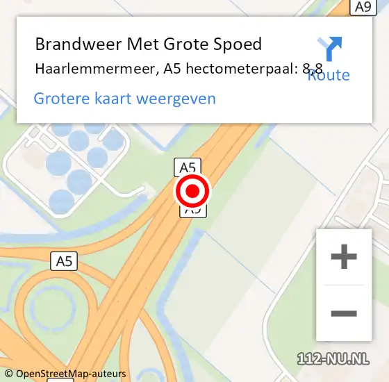 Locatie op kaart van de 112 melding: Brandweer Met Grote Spoed Naar Haarlemmermeer, A5 hectometerpaal: 8,8 op 8 juli 2023 20:21
