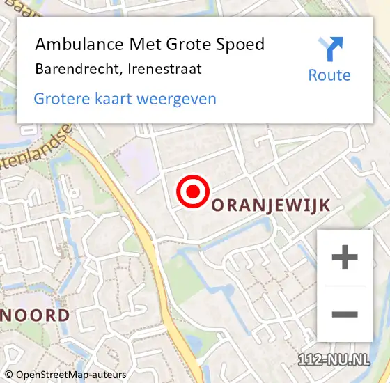 Locatie op kaart van de 112 melding: Ambulance Met Grote Spoed Naar Barendrecht, Irenestraat op 9 juli 2023 13:12