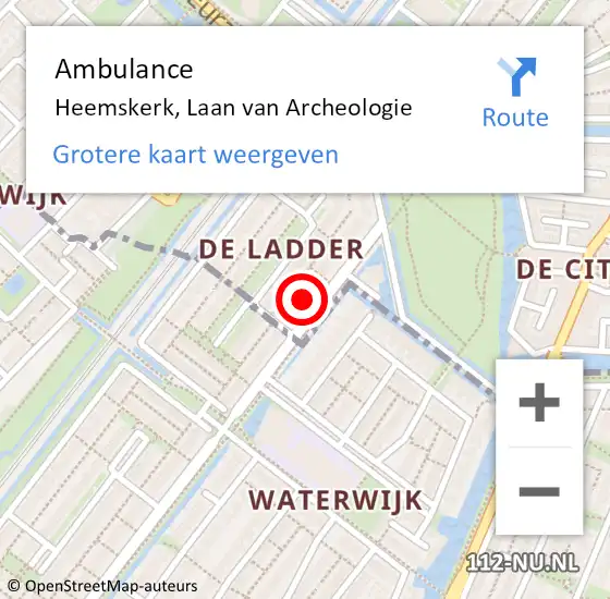 Locatie op kaart van de 112 melding: Ambulance Heemskerk, Laan van Archeologie op 9 juli 2023 20:02