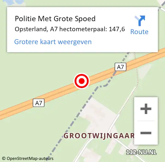Locatie op kaart van de 112 melding: Politie Met Grote Spoed Naar Opsterland, A7 hectometerpaal: 147,6 op 10 juli 2023 05:48