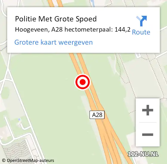 Locatie op kaart van de 112 melding: Politie Met Grote Spoed Naar Hoogeveen, A28 hectometerpaal: 144,2 op 10 juli 2023 08:38
