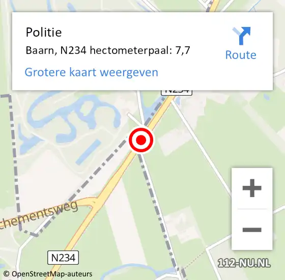 Locatie op kaart van de 112 melding: Politie Baarn, N234 hectometerpaal: 7,7 op 10 juli 2023 14:10