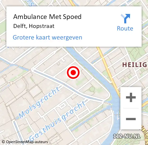 Locatie op kaart van de 112 melding: Ambulance Met Spoed Naar Delft, Hopstraat op 10 juli 2023 14:56