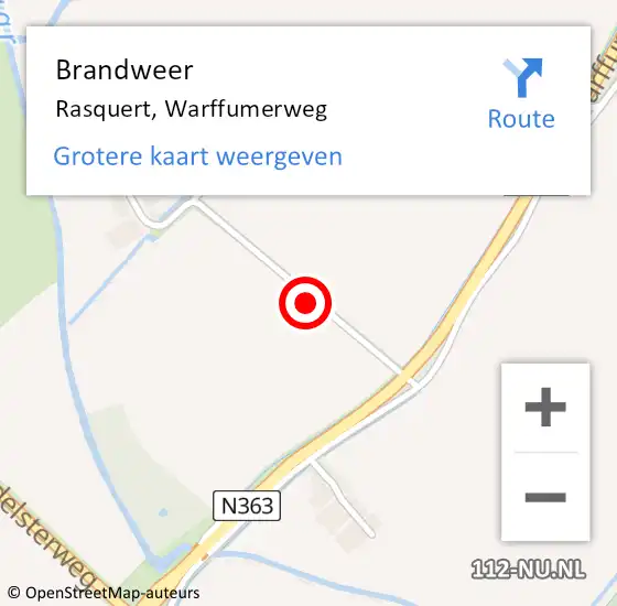Locatie op kaart van de 112 melding: Brandweer Rasquert, Warffumerweg op 10 juli 2023 16:18