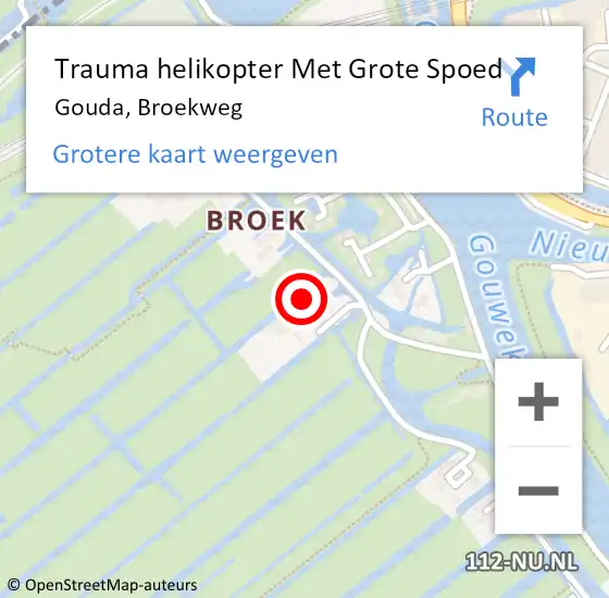 Locatie op kaart van de 112 melding: Trauma helikopter Met Grote Spoed Naar Gouda, Broekweg op 10 juli 2023 22:14