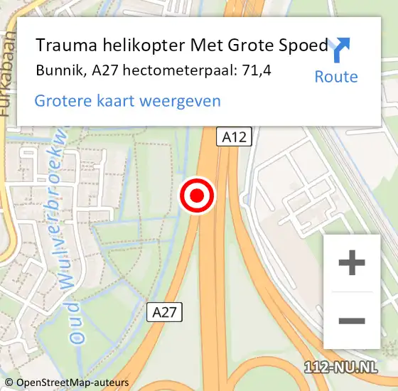 Locatie op kaart van de 112 melding: Trauma helikopter Met Grote Spoed Naar Bunnik, A27 hectometerpaal: 71,4 op 11 juli 2023 07:04