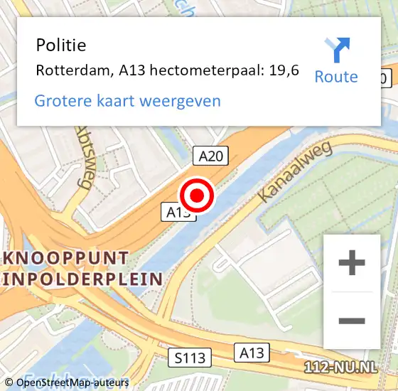 Locatie op kaart van de 112 melding: Politie Rotterdam, A13 hectometerpaal: 19,6 op 11 juli 2023 12:22