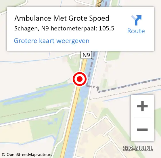 Locatie op kaart van de 112 melding: Ambulance Met Grote Spoed Naar Schagen, N9 hectometerpaal: 105,5 op 12 juli 2023 13:41