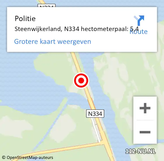 Locatie op kaart van de 112 melding: Politie Steenwijkerland, N334 hectometerpaal: 5,4 op 12 juli 2023 18:46