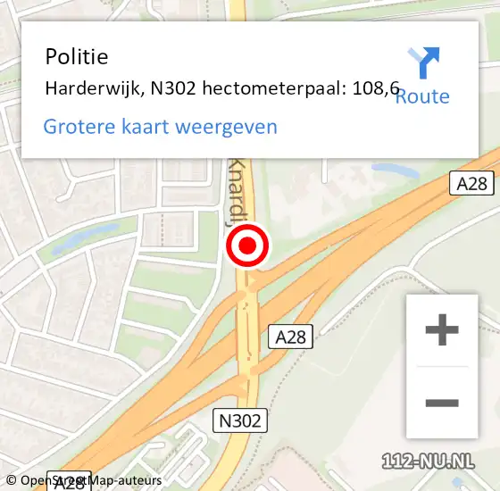 Locatie op kaart van de 112 melding: Politie Harderwijk, N302 hectometerpaal: 108,6 op 13 juli 2023 15:52