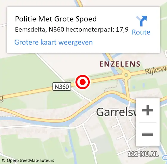 Locatie op kaart van de 112 melding: Politie Met Grote Spoed Naar Eemsdelta, N360 hectometerpaal: 17,9 op 13 juli 2023 22:03
