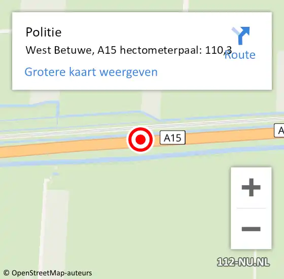 Locatie op kaart van de 112 melding: Politie West Betuwe, A15 hectometerpaal: 110,3 op 14 juli 2023 12:38